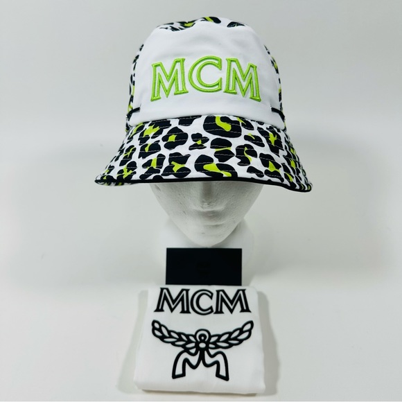 MCM Leopard Print Bucket Hat Multi Logo Embroidered Adjustable NWT - Picture 6 of 16